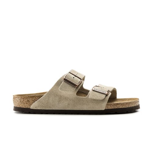 Classic Arizona Birkenstock sandals with velvety suede upper and adjustable straps.