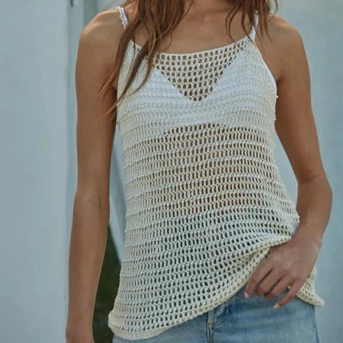 By Together Aimee crochet beaded top, natural color, cotton-acrylic blend, intricate detailing, elegant design.