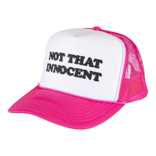 Welcome Skateboards x Britney Spears Innocent Trucker Hat, pink, lyric print, logo embroidery.