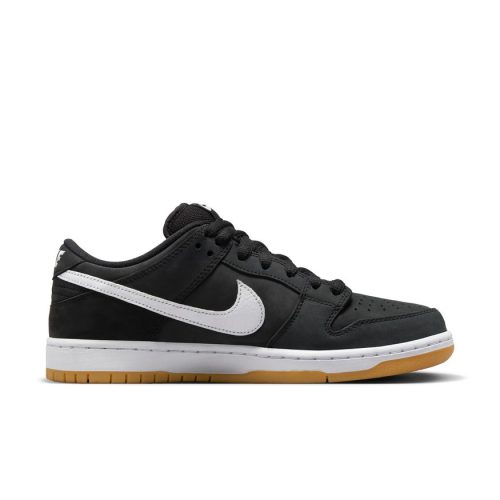 Nike SB Dunk Low Pro in Black/White-Black-Gum Light Brown with nubuck leather and Zoom Air cushioning.