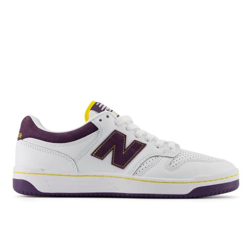 New Balance Numeric 480 Eighties Packskate shoes with reinforced toe and FuelCell foam. White/Purple.