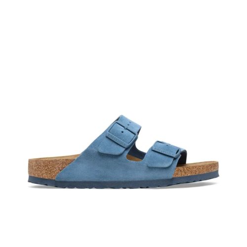 Elemental blue Birkenstock Arizona sandals with soft footbed and adjustable suede straps.