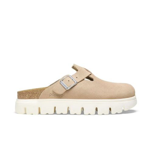 Birkenstock Papillo Boston Chunky Suede Leather clogs in Warm Sands with platform sole and contoured footbed.