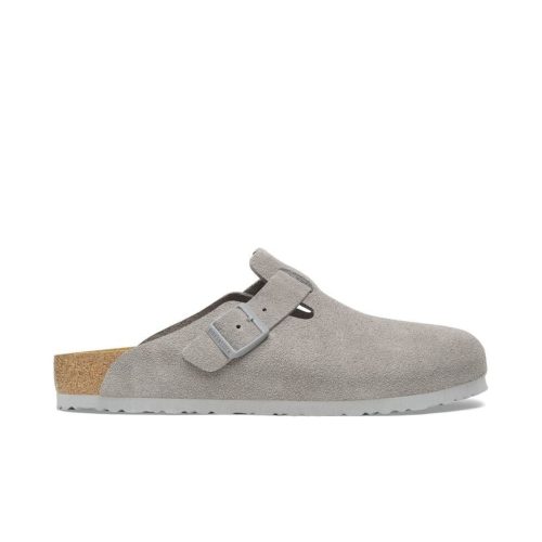 Birkenstock Suede Leather Clogs in Stone Coin with a soft suede upper and contoured cork footbed.