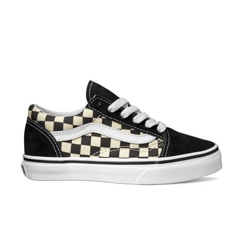 Vans Kids Old Skool Primary Check Shoe in Black/White, iconic Sidestripe, durable design, suitable for active kids.