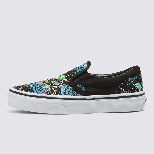 Vans Kids Classic Slip-On Cosmic Glow, black/white, with a glow-in-the-dark space print.