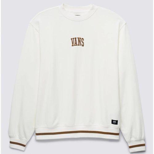 Loose-fit Vans crewneck sweatshirt in marshmallow with striped hem, cuffs, and embroidered logo.