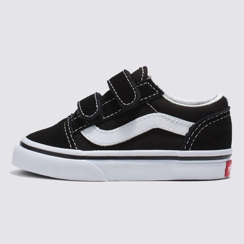 Vans Toddler Old Skool V Shoe in Black, durable, easy-to-wear with double hook-and-loop closures.