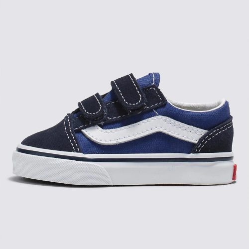 Vans Toddler Old Skool V Shoe in Navy, featuring double hook-and-loop closures and durable construction.