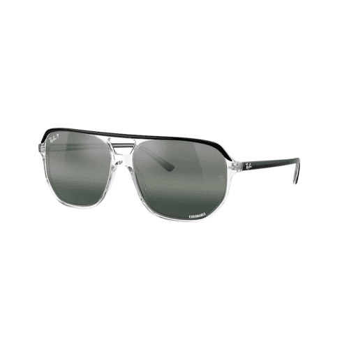 Ray-Ban Bill One sunglasses with polished black on transparent acetate frame and silver/blue Chromance lenses.