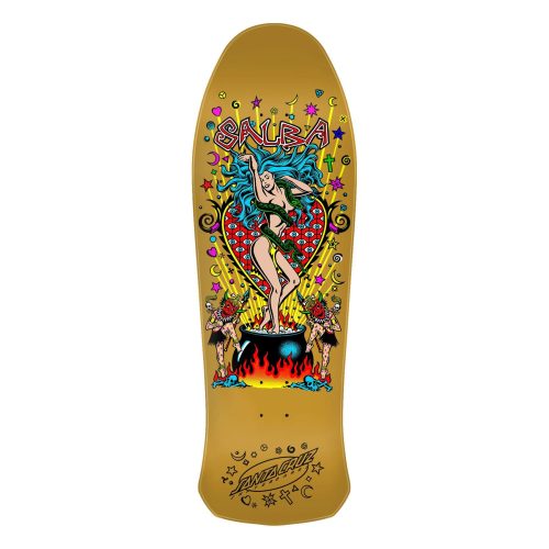 Santa Cruz Steve Alba Salba Witch Doctor Reissue skateboard deck with neon overlay graphics on gold.