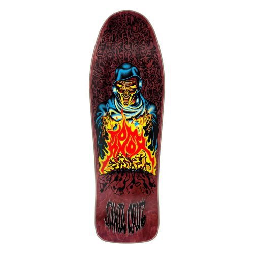 Santa Cruz Tom Knox Firepit Reissue skateboard deck with spot matte graphics on burgundy veneers.