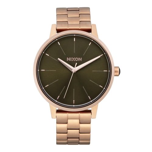 Nixon Kensington Watch in Rose Gold with Olive Sunray dial, engraved indices, and stainless steel bracelet.