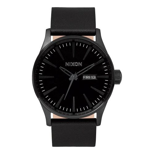 All black Nixon Sentry Leather Analog Watch with stainless steel case and custom leather band.