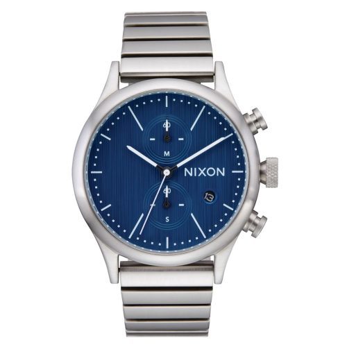 Nixon Station Chrono Watch in Silver/Indigo with vintage design and 2-eye chronograph.