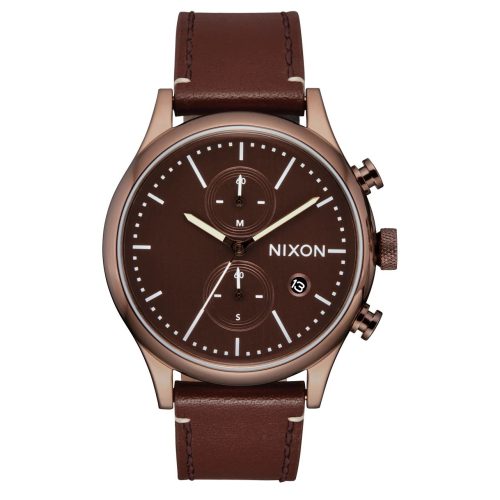 Nixon Station Chrono Leather Watch in Chocolate/Cappuccino/Brown with Horween leather band and 2-eye chronograph.