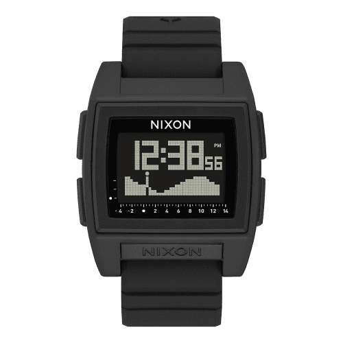 A black Base Tide Pro watch from Nixon, ideal for surfers, displaying tide information and made from recycled ocean plastics.