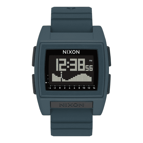 Nixon Base Tide Pro Watch in Dark Slate, ideal for surfers, displaying tide information and made from recycled ocean plastics.