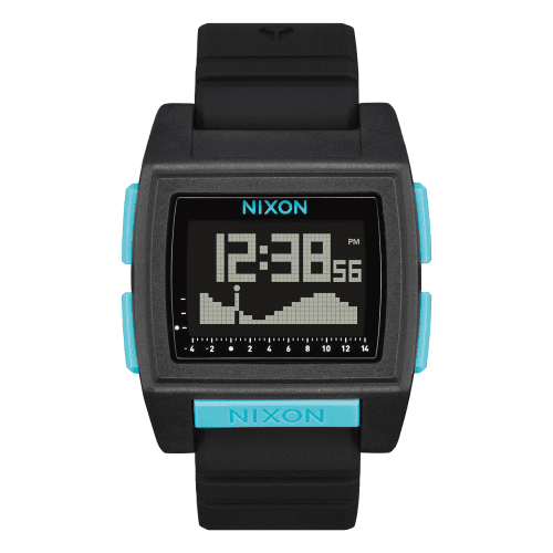 Nixon Base Tide Pro Watch in All Black/Blue, made with recycled ocean plastics, pre-programmed tide info, and water-resistant.