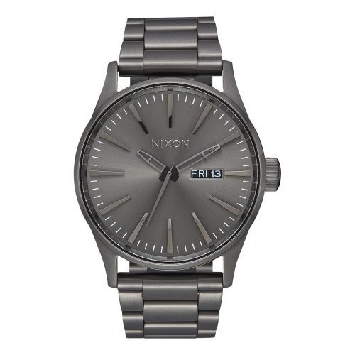 Nixon Sentry Stainless Steel Watch in all-gunmetal with a durable design and bilingual day/date function.