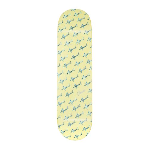 April Skateboards Shane Script Logo deck in yellow, all-over April script with reflective 